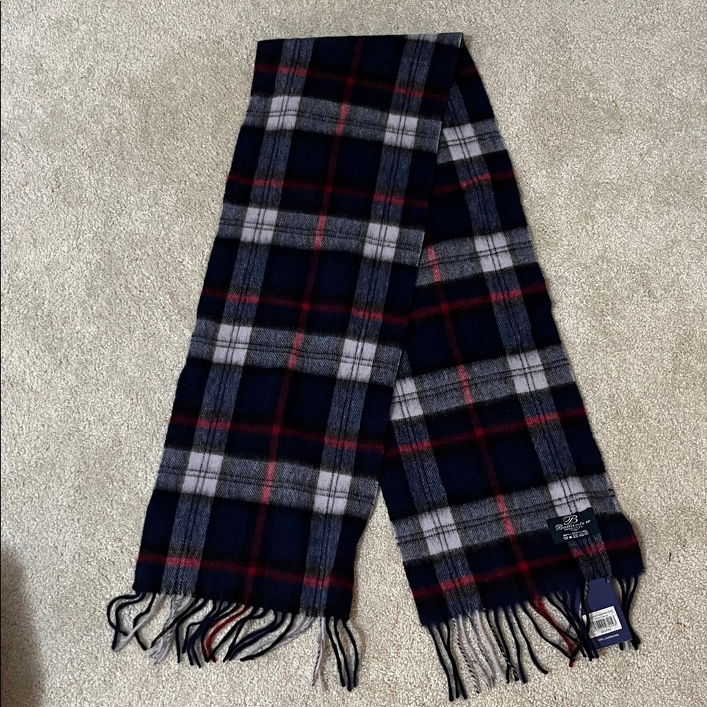Ballantyne Plaid Wool Scarf in Navy, White, and Red | 100% Lambswool